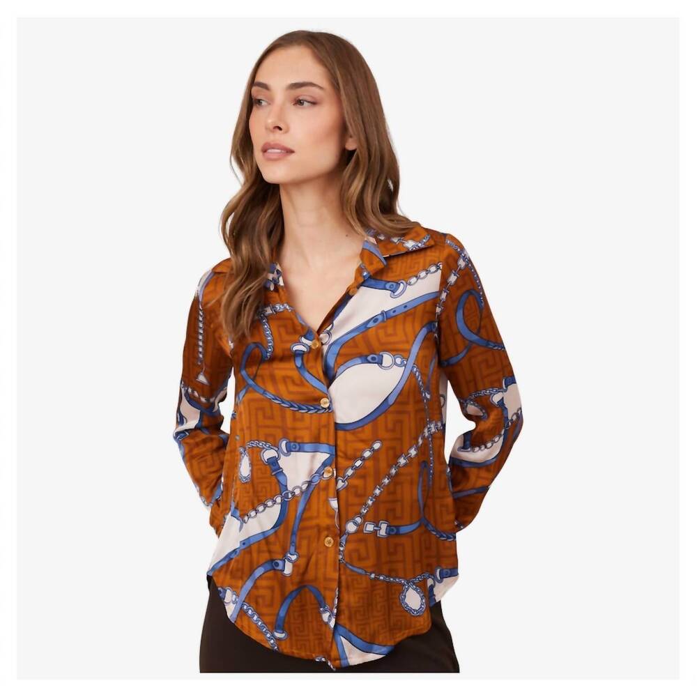 NEW ASTRID horse bit button down blouse in tabac hermes